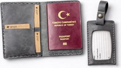 1001 Hakiki Deri Pasaport Kılıfı & Valiz Etiketi Seti, El Yapımı Unisex Pasaport Cüzdan, 4 Ka