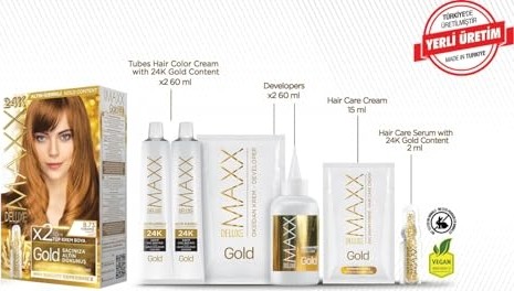 Aesco Maxx Deluxe Gold Serisi 24K Altın Parçacıklı Serum ile 1 Kutu 2 x 50 ml ve Geliştiriciler Saç Boyası (Karamel 8.73) görsel 2