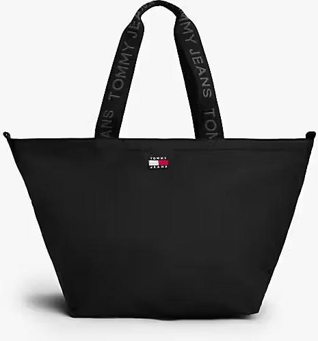Tommy Hilfiger Tommy Jeans Kadın Yazılı Askılı Tote Omuz Çantası %100 Polyester Siyah Modern Tasarım