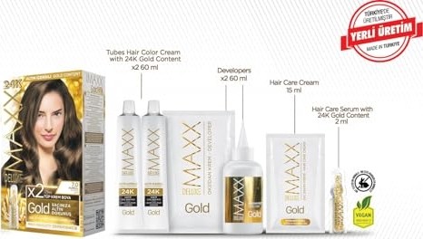 Aesco Maxx Deluxe Gold Serisi 24K Altın Parçacıklı Serum ile 1 Kutu 2 x 50 ml ve Geliştiriciler Saç Boyası (Kumral 7.0) görsel 2