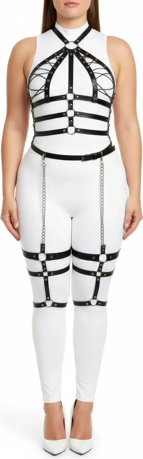 Motto10 Butik HDY MOTTO10 Butik Büyük Beden Siyah Kadın Harness Takım Zincir Detaylı Full Body Deri Aksesuar - APFT698 görsel 2