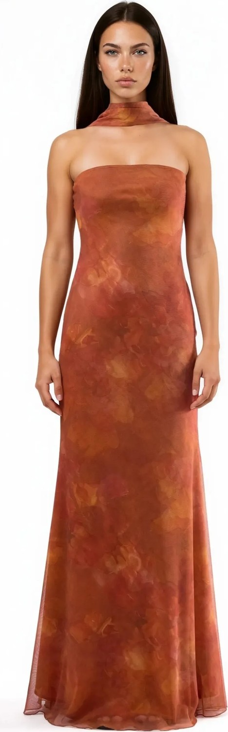 Hiccup Kadınlar Straplez Çiçek Desenli Tül Kuşaklı Bodycon Maxi Elbise Parlak Turuncu