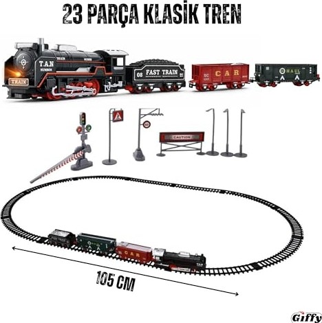 Aesco Oyuncak 23 Parça Işıklı Klasik Tren Seti 105CM 3 Farklı Ray Modeli Pilli Retro Kara Tren Otomatik On Aç Bırak görsel 2