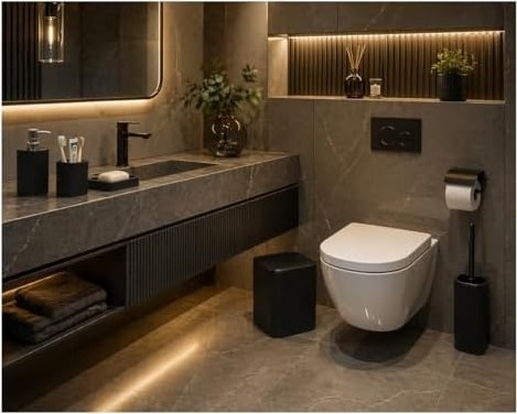 Prime 5 Parçalı Banyo Seti, Mat Siyah, Modern Tasarım, Çöp Kovası, Tuvalet Fırçası, Sıvı Sabunluk, Diş Fırçalık, Sabunluk
