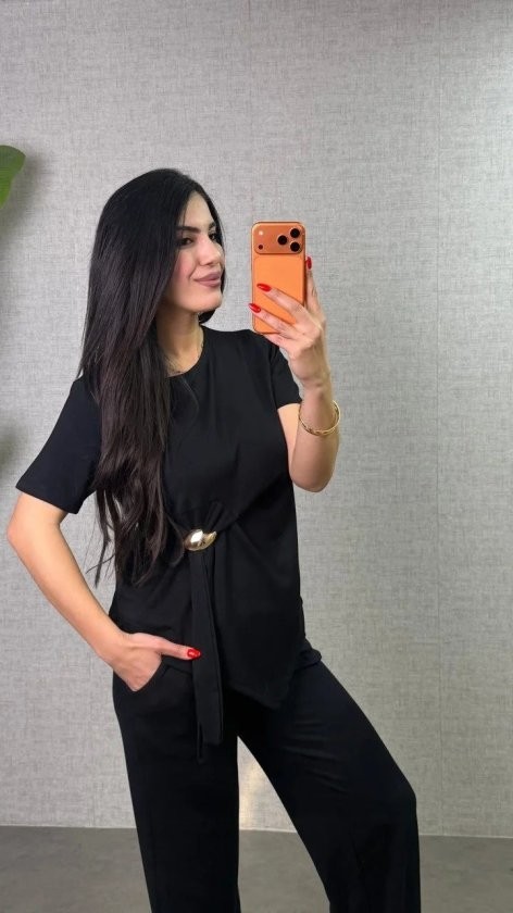 Modi Kadın Kısa Kollu Bisiklet Yaka Yandan Toka Detaylı Viskon Iki Iplik Bluz ve Pantolon Ikili Takım görsel 2