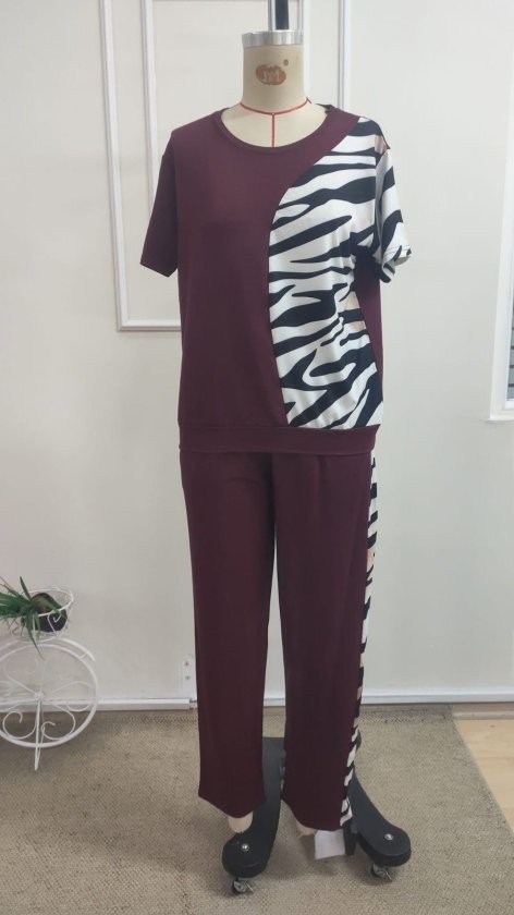 Modi Kadın Kısa Kollu Bisiklet Yaka Zebra Desen Bluz ve Pantolon Ikili Takım görsel 4