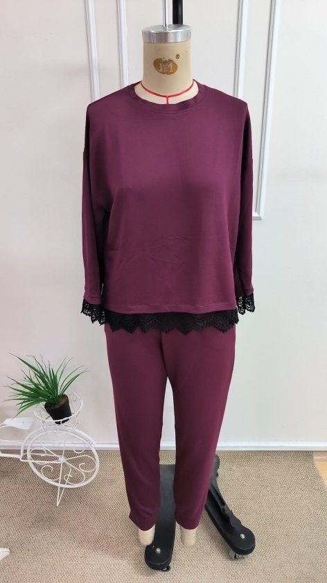 Trend Cojans Kadın Uzun Kollu Bisiklet Yakalı Dantelli Viskon Iki Iplik Bluz ve Pantolon Ikili Takım görsel 5