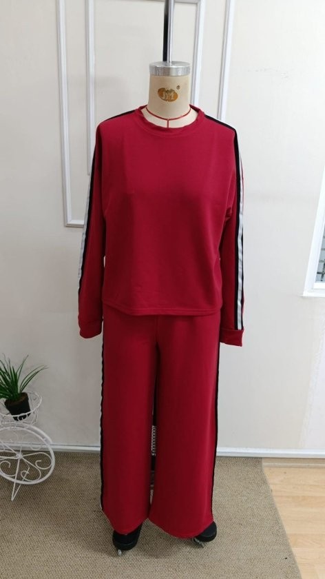 Trend Cojans Kadın Uzun Kollu Bisiklet Yakalı Şerit Detaylı Viskon Iki Iplik Bluzu ve Pantolon Ikili Takım görsel 3
