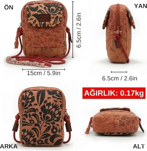 1001 Kadın Ekru Çiçek Desenli Omuz Çantası 20 x 15 x 6,5 cm Bohem Tarz Mini El Çantası Telefon Ça görsel 4