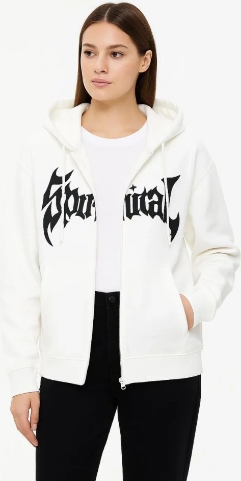 Oversize Kapüşonlu Sweatshirt Hoodie 3 Iplik Şardonlu Pamuklu Kumaş, Önü Baskılı, Fermuarlı Rahat Kalıp, Kışlık ve Sokak Stili Sweat - Beyaz görsel 3