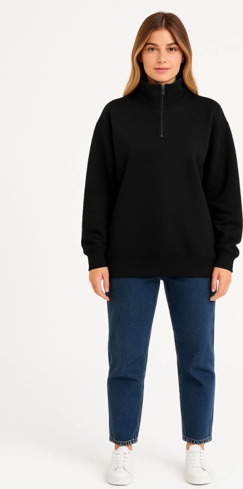 Üç Iplik Dık Yaka Yarım Fermuarlı Sweatshirt - Siyah görsel 2