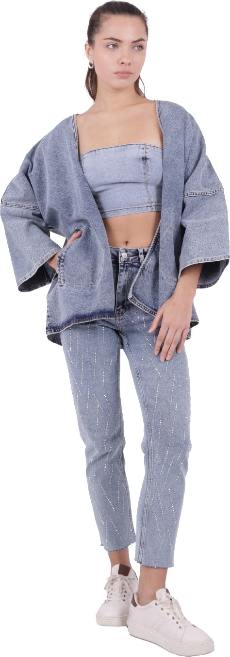 Richmost Bol Kalıplı ve Orta Boylu Kemersiz Rahat / Oversize Kadın Kot Kimono Açık Mavi Denim Dört Mevsim görsel 5