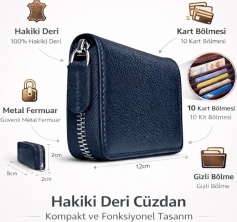 1001 Deri Siyah Kadın Cüzdan, Hakiki Deri Fermuarlı Tasarım, Çok Gözlü Kartlık ve Banknot Böl görsel 3
