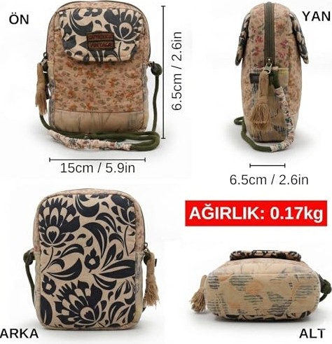 1001 Kadın Ekru Çiçek Desenli Omuz Çantası 20 x 15 x 6,5 cm Bohem Tarz Mini El Çantası Telefon Ça görsel 4