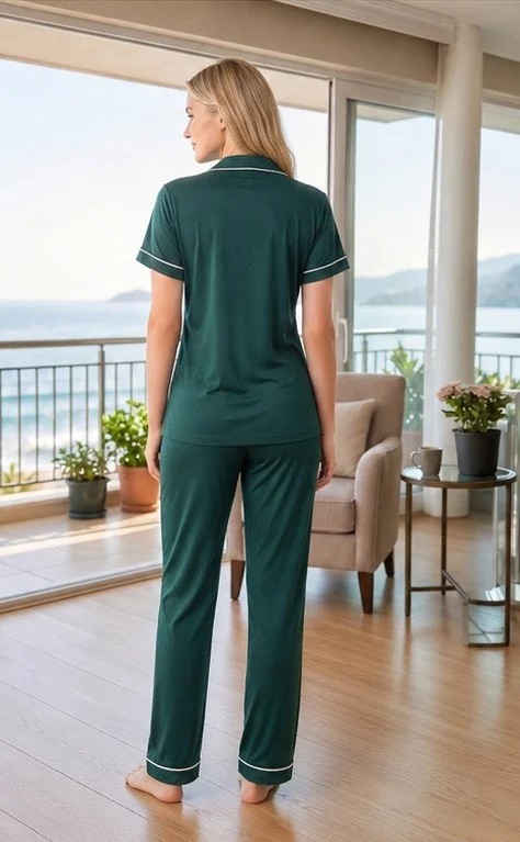 Kadın Viskon Pijama Takımı Yazlık Kısa Kollu Boydan Düğmeli Biyeli Şık Pijama M L Xl Xxl 780-108 görsel 4