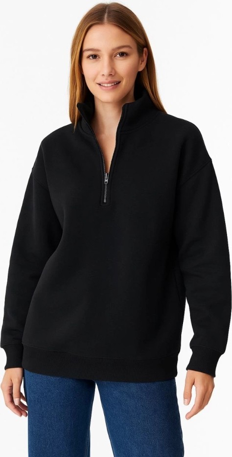 Üç Iplik Dık Yaka Yarım Fermuarlı Sweatshirt - Siyah