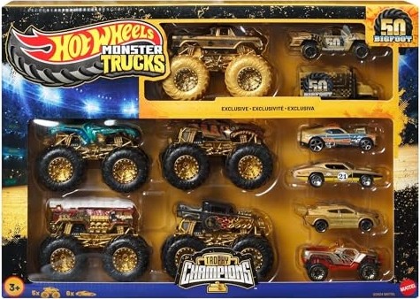 Aesco Hot Wheels® Monster Trucks Bigfoot Trophy Şampiyonları Araba ve Kamyon Çoklu Arabalar, Metal Bigfoot, 5-Alarm, Bone Shaker, Mega-Wrex, Tiger Shark ve 6 Araba, JDW07
