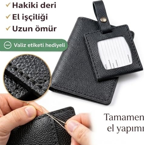 1001 Hakiki Deri Pasaport Kılıfı & Valiz Etiketi Seti, El Yapımı Unisex Pasaport Cüzdan, 4 Ka görsel 3