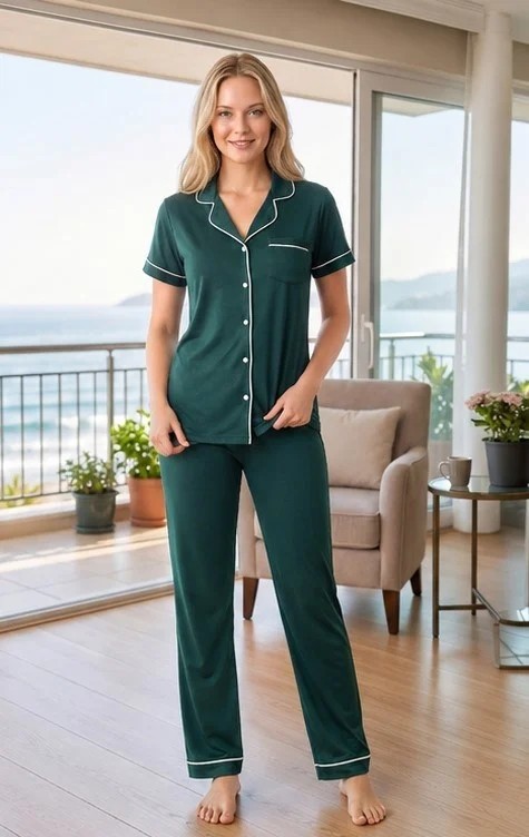 Kadın Viskon Pijama Takımı Yazlık Kısa Kollu Boydan Düğmeli Biyeli Şık Pijama M L Xl Xxl 780-108 görsel 5