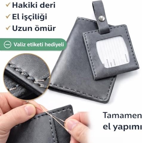 1001 Hakiki Deri Pasaport Kılıfı & Valiz Etiketi Seti, El Yapımı Unisex Pasaport Cüzdan, 4 Ka görsel 3