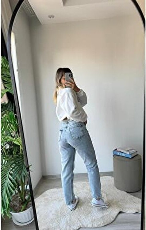Belirtilmemiş Kadın Mavi Mom Jeans Yüksek Bel Kot Pantolon Pamuk-Elastan 5 Cep Düz Desen ile Şık görsel 3