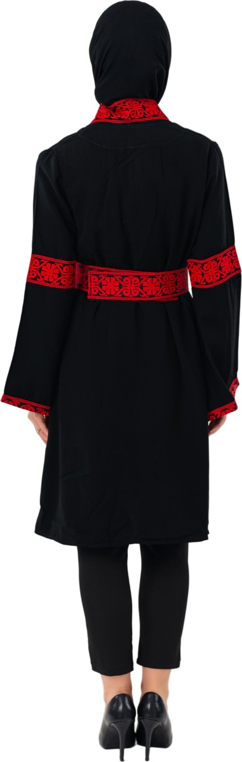 Zaytoon Tesettür Kaban Filistin Nakışlı Kırmızı Siyah Kısa Kaban Abaya Kadın görsel 6