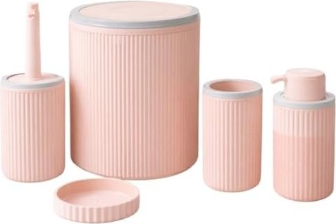 Prime 5’li Açık Pembe Rengi Banyo Seti, Çöp Kovası, Sıvı Sabunluk, Diş Fırçalık, Sabunluk ve Wc Fırçası, Modern Çizgili Şık Tasarım görsel 3