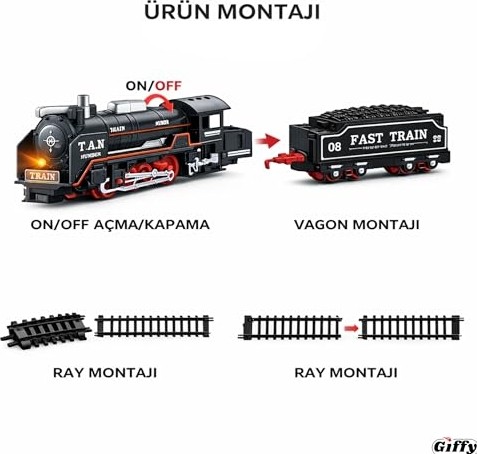 Die Grup Oyuncak 23 Parça Işıklı Klasik Tren Seti 105CM 3 Farklı Ray Modeli Pilli Retro Kara Tren Otomatik On Aç Bırak görsel 4