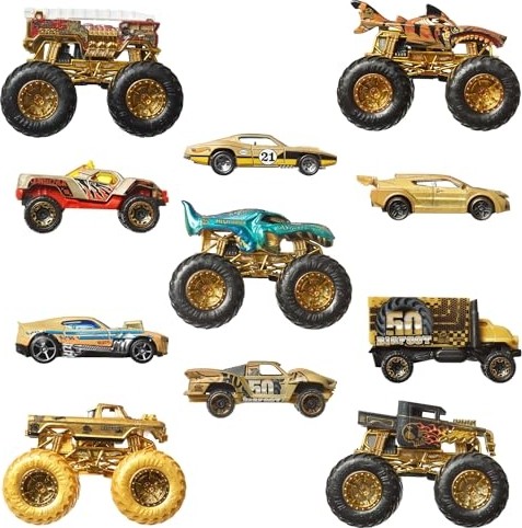 Aesco Hot Wheels® Monster Trucks Bigfoot Trophy Şampiyonları Araba ve Kamyon Çoklu Arabalar, Metal Bigfoot, 5-Alarm, Bone Shaker, Mega-Wrex, Tiger Shark ve 6 Araba, JDW07 görsel 5