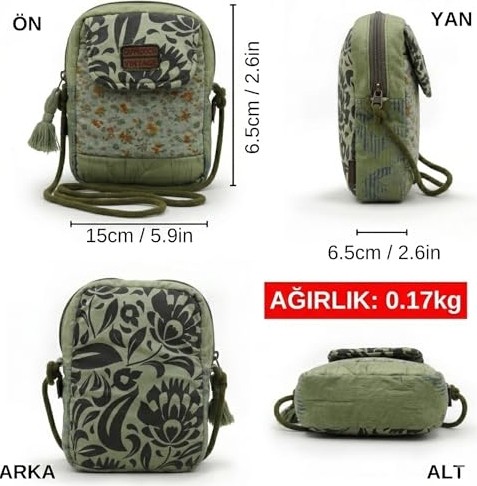 1001 Kadın Ekru Çiçek Desenli Omuz Çantası 20 x 15 x 6,5 cm Bohem Tarz Mini El Çantası Telefon Ça görsel 4