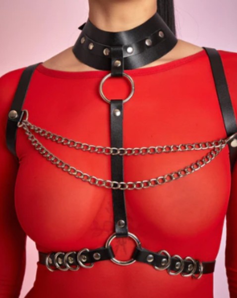 Aysilce Deri Zincir Detaylı Tasmalı Fantazi Harness Sütyen