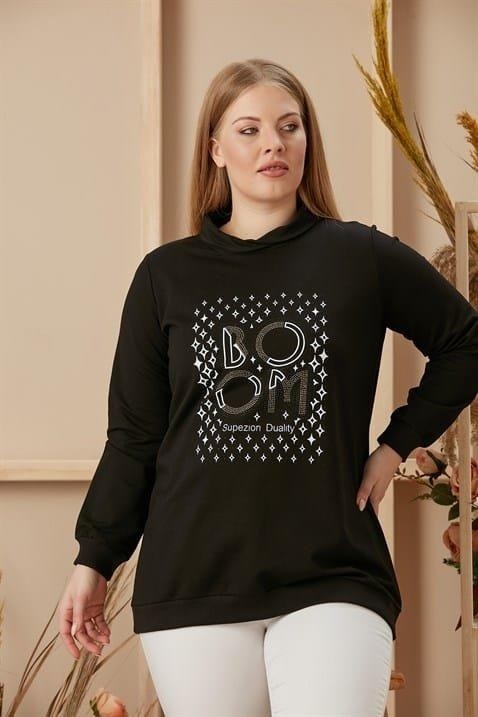 Imagine Giyim Taş Işlemeli Büyük Beden Baskılı Taşlı Siyah Sweatshirt
