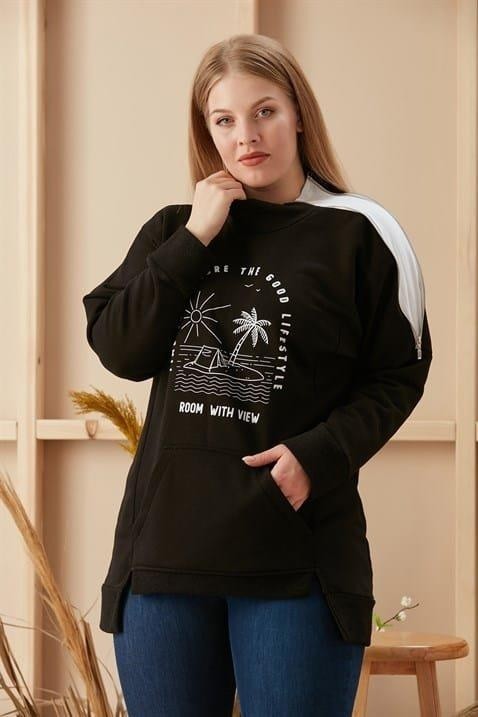 Imagine Giyim Omuz Fermuar Detaylı Baskılı Büyük Beden Siyah Sweatshirt