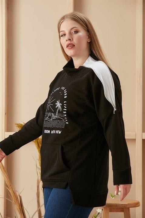Imagine Giyim Omuz Fermuar Detaylı Baskılı Büyük Beden Siyah Sweatshirt görsel 2
