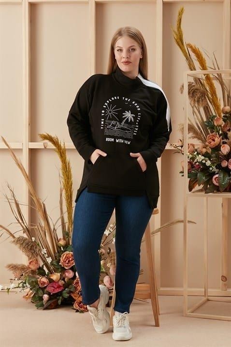 Imagine Giyim Omuz Fermuar Detaylı Baskılı Büyük Beden Siyah Sweatshirt görsel 3