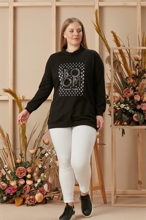 Imagine Giyim Omuz Fermuar Detaylı Baskılı Büyük Beden Siyah Sweatshirt görsel 5