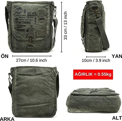 1001 8184 Salaş Kanvas Omuz Postacı Laptop Okul Seyahat Günlük Vintage Pamuklu Çanta (Haki) görsel 4