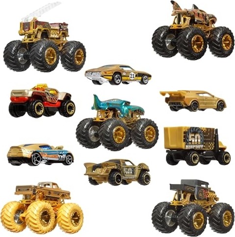 Aesco Hot Wheels® Monster Trucks Bigfoot Trophy Şampiyonları Araba ve Kamyon Çoklu Arabalar, Metal Bigfoot, 5-Alarm, Bone Shaker, Mega-Wrex, Tiger Shark ve 6 Araba, JDW07 görsel 3