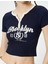 V Yaka Crop Tişört Düğmeli Baskılı Kısa Kollu Ribanalı Pamuklu Slim Fit 5