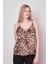 Desenli İp Askılı Likrasız Şık Kumaş Ceket İçi Bluz-Koyu Bej Leopar 4