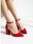 8,5 cm Kırmızı Yılan Derisı Desenli Kalın Topuk Stiletto Topuklu Ayakkabı 3