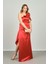 Kadın Tek Omzu ve Kolu Volanlı Saten Abiye Elbise 1833 Kırmızı 1