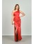 Kadın Tek Omuz Derin Yırtmaçlı Saten Abiye Elbise 1873 Kırmızı 2