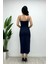 Atlas Kumaş Inci Detaylı Askılı Kalem Elbise - Lacivert 5