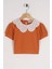 Bebe Yaka Dantelli Mini Kareli Kiremit Renk Kız Çocuk Tshirt 1