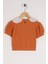 Bebe Yaka Dantelli Mini Kareli Kiremit Renk Kız Çocuk Tshirt 2
