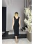 G0909 Drape Detaylı Simli Abiye Elbise Siyah 2