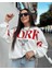 Ekru Kırmızı Kol Baskı Detaylı New York Baskılı Oversize Sweatshirt 1