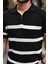 Yarım Fermuar Çizgili Oversize Triko T-Shirt - Siyah 2