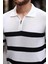Yarım Fermuar Çizgili Oversize Triko T-Shirt - Beyaz 2